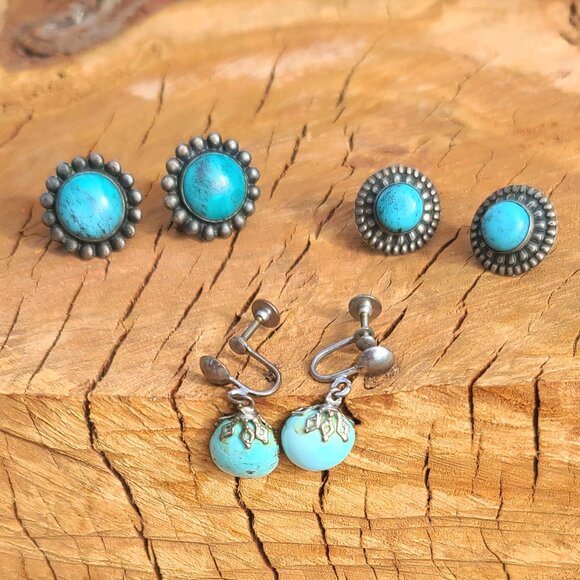 Vintage Turquoise and Sterling Silver Screw back Earrings - Mid-Century - Picture 1 of 8